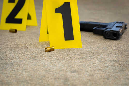shooting1979269592 Crime scene with evidence markers gun and bullet casings