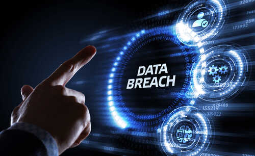 A hand pointing at the words 'DATA BREACH' surrounded by digital icons
