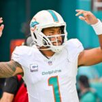NFL player from the Miami Dolphins celebrating during a game