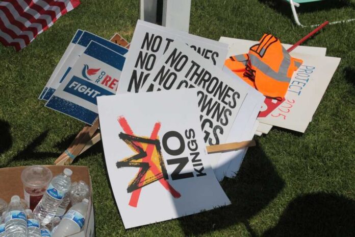 A collection of protest signs and water bottles on grass