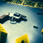 A handgun on a table with evidence markers and crime scene tape in the background
