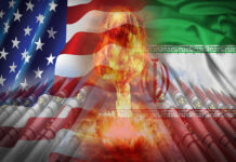 A composite image featuring the US and Iranian flags with a nuclear explosion in the center