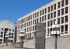 Exterior view of the United States Department of Labor building with flags
