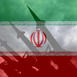 Silhouette of missiles against the Iranian flag background