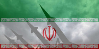 Silhouette of missiles against the Iranian flag background