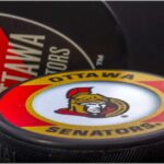 Close-up of an Ottawa Senators hockey puck