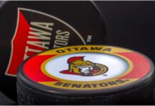 Close-up of an Ottawa Senators hockey puck