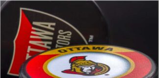Close-up of an Ottawa Senators hockey puck