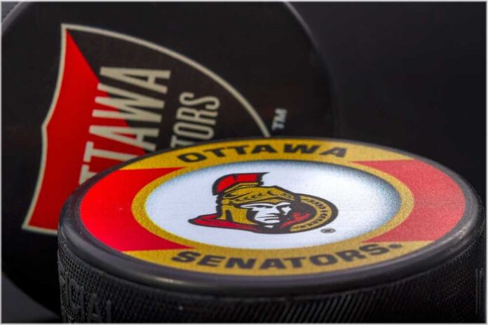 Close-up of an Ottawa Senators hockey puck