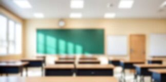 Empty classroom with desks, a green chalkboard, and natural light