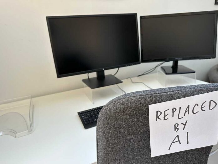 An office desk with two computer monitors and a chair labeled 'REPLACED BY AI'