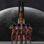 Four astronauts in orange suits standing before a rocket with the moon in the background