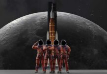Four astronauts in orange suits standing before a rocket with the moon in the background