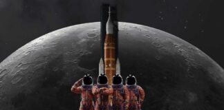 Four astronauts in orange suits standing before a rocket with the moon in the background