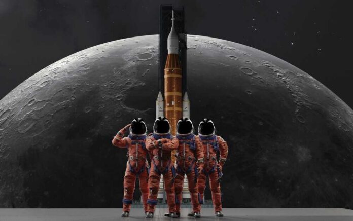 Four astronauts in orange suits standing before a rocket with the moon in the background