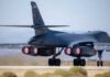 B-1 bomber aircraft preparing for takeoff with visible jet engines