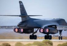 B-1 bomber aircraft preparing for takeoff with visible jet engines