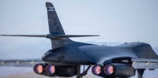 B-1 bomber aircraft preparing for takeoff with visible jet engines