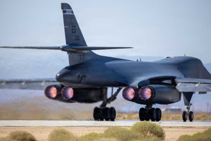 B-1 bomber aircraft preparing for takeoff with visible jet engines