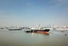 Cargo ships docked in a harbor with a city skyline in the background