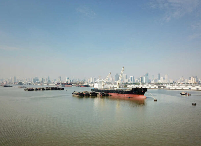 Cargo ships docked in a harbor with a city skyline in the background