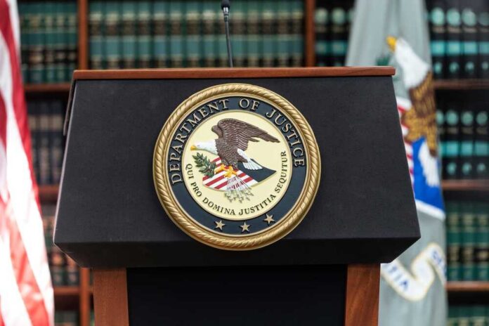 New,York,,Ny,-,May,5,,2022:,Seal,Of,Justice Podium with the Department of Justice seal and American flag in the background
