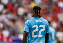 Soccer player wearing a blue jersey with the name Doku and number 22, facing away from the camera