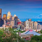 Panoramic view of Seattle with the Space Needle and Mount Rainier in the background