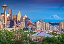 Panoramic view of Seattle with the Space Needle and Mount Rainier in the background