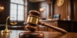 A wooden gavel resting on a courtroom table with a scale of justice in the background