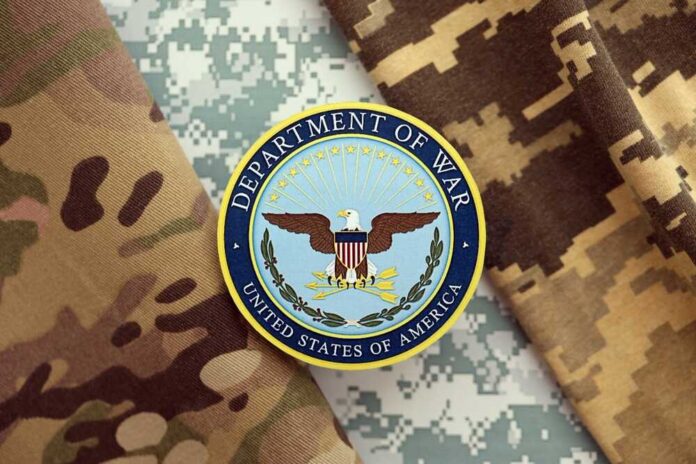 Department of War insignia on camouflage fabric