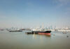Cargo ships docked in a harbor with a city skyline in the background