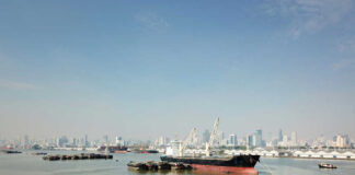 Cargo ships docked in a harbor with a city skyline in the background