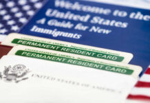 U.S. permanent resident cards with immigration guide and flag