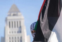 Person holding Palestinian flag near tall building