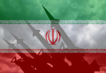 Silhouette of missiles against the Iranian flag background