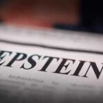 Close-up of a newspaper headline reading 'EPSTEIN'