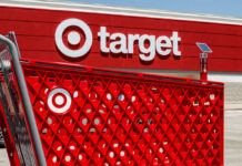 Red shopping cart in front of Target store