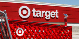 Red shopping cart in front of Target store