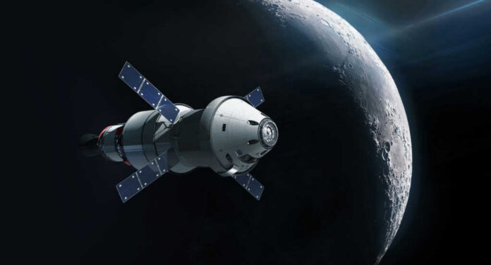 Spacecraft near the Moon in outer space