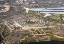 Pentagon building viewed from airplane window