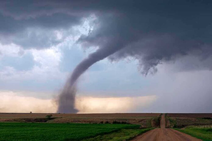 Tornado touching down over open farmland under dark storm clouds