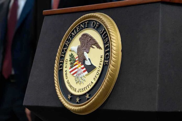 Department of Justice seal on a podium
