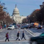 United States Capitol viewed down a busy city street