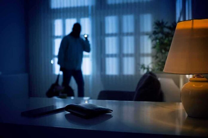 Silhouetted intruder in a dim living room at night