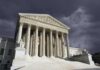 United States Supreme Court building with columns under stormy sky