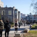 Free Speech Whiplash Hits University students walking on a university campus pathway
