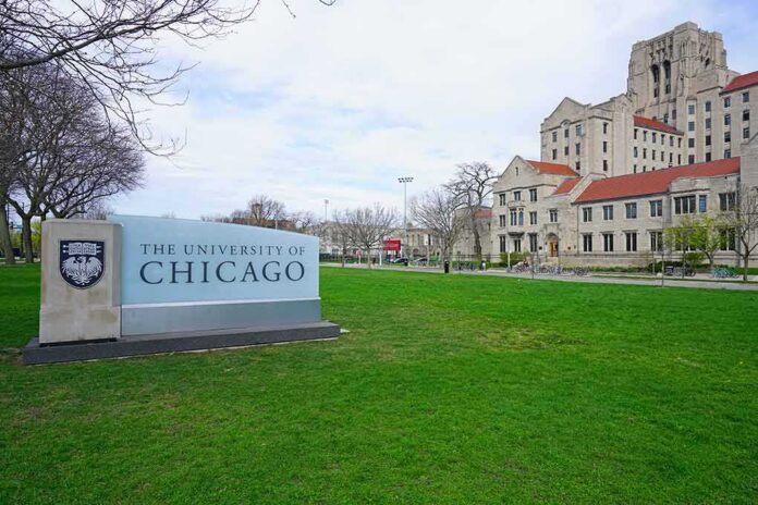 shutterstock_1400358317 University of Chicago campus sign and historic buildings