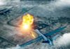 military drone launching missile over cityscape