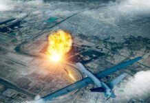 military drone launching missile over cityscape